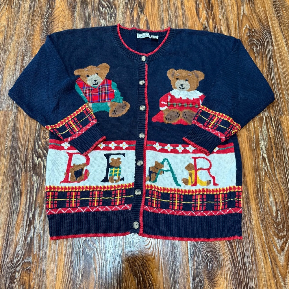 Gallagher Vintage Teddy Bear Cardigan Sweater Navy Blue Plaid Knit Womens XL